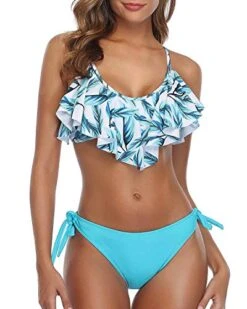 High Cut Bottom Tie Side Briefs Ruffled Bikini For Women-Light Blue Green Leaves