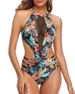 Halter Strap Sexy Swimsuit High NeckBackless One Piece-Black Red Flower