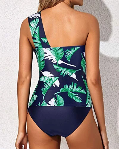 Tummy Control Two Piece Ruched One Shoulder Tankini Swimsuit-Blue Leaf - Image 3