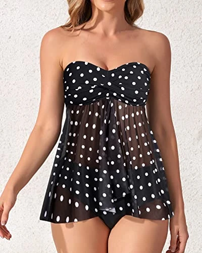 Two Piece Bandeau Strapless Tankini Swimsuits For Women-Black Dot - Image 3