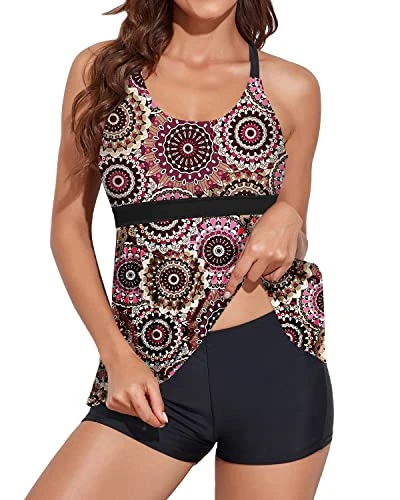 Tummy Control Tankini Swimsuits Flowy Shorts For Women-Brown Print - Image 2