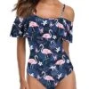 Off Shoulder Ruffled Retro One Piece Swimsuit For Women-Blue Flamingo