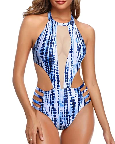 Sexy Backless High NeckBackless One Piece Swimsuit-Blue Tie Dye
