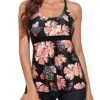 Adjustable Shoulder Straps Tankini Boyshorts Swimsuit-Black And Orange Floral