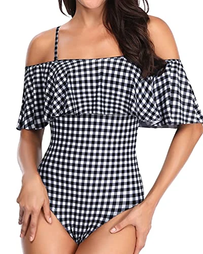 Stylish Off Shoulder One Piece Swimwear For Girls-Black And White Checkered - Image 2