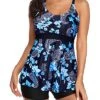 Full Coverage Boyshorts 2 Piece Tummy Control Bathing Suits-Blue Floral