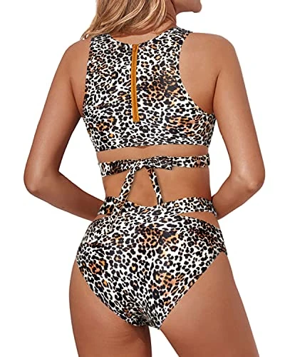 Stylish Two Piece High Neck Bandage Two Piece Bathing Suits-Leopard - Image 2
