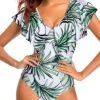 Slimming Teen Girls' Flounce Sleeve V Neck One Piece Swimsuit-Green Leaf