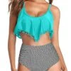 Adjustable Spaghetti Straps Two Piece Bikini Swimsuit-Aqua Stripe