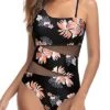 Stylish Asymmetrical Mesh Front Swimsuit For Curvy Women-Black Orange Floral
