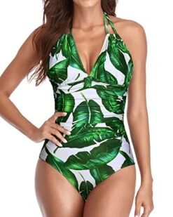 Push Up Padded Swimsuits Black Halter Bathing Suits-Green Leaf
