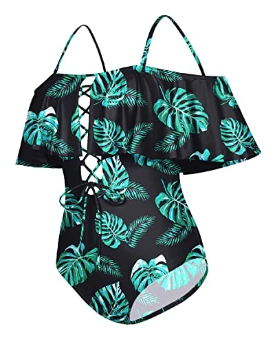 Flounce One Piece Swimsuit Off-The-Shoulder Lace-Up Backless Bathing Suit-Black And Green Leaf - Image 4