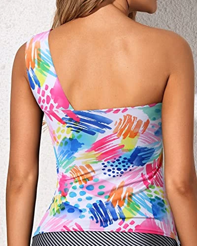 Versatile Asymmetric Cut Tankini Top Removable Pads Swim Tops-Colorblock - Image 2
