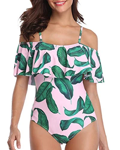 Vintage Off-Shoulder Ruffle One Piece Swimsuits-Pink Leaf