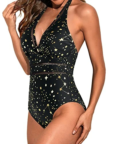Mesh Hollow Out Backless Women One Piece Monokini Swimsuit-Gold Stars - Image 4