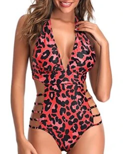 Open Back Cutout Plunge V Neck Halter Bathing Suits-Red Leopard