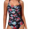 Retro Slimming Swimsuits Halter Vintage Swimwear-Black Red Flowers