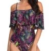 Feminine One Piece Swimsuit Off Shoulder Ruffles-Purple Leaf