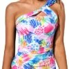 Versatile Asymmetric Cut Tankini Top Removable Pads Swim Tops-Colorblock