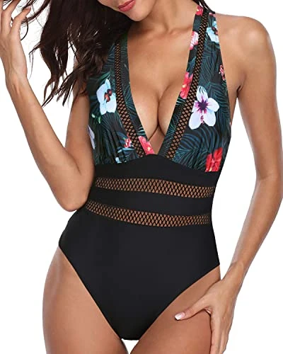 Comfy Padded Push Up V Neck One Piece Swimsuits-Black Floral - Image 2