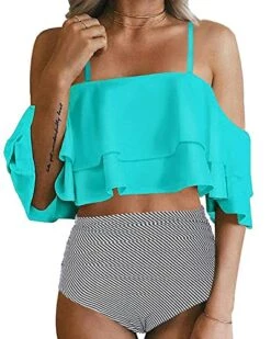 Attractive Off Shoulder Two Piece Bikini For Women-Aqua Stripe