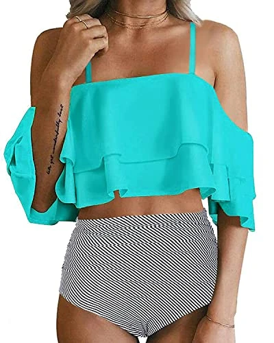 Attractive Off Shoulder Two Piece Bikini For Women-Aqua Stripe