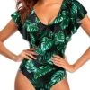 Women V Neck Flounce Sleeve Tummy Control Ruffle Shoulders One Piece Swimsuit-Black Green Leaves