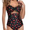 High Waisted Knot Bathing Suit Halter Backless One Piece Swimsuits-Black Cherry