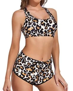 Women Scoop Neck Two Piece Bikini Boyshort-Leopard