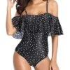 Women One Piece Off Shoulder Lace Swimsuits-Black White Dot