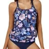 Adjustable Shoulder Straps Tankini Swimsuits-Blue Floral