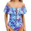 Off Shoulder Flounce Longer Torso One Piece Lace Up Ruffled Swimsuit-Blue-Purple Mermaid Scales