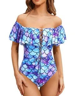 Off Shoulder Flounce Longer Torso One Piece Lace Up Ruffled Swimsuit-Blue-Purple Mermaid Scales