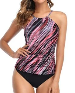 Modest Open Back 2 Piece Tankini Swimsuits For Women-Pink Stripe
