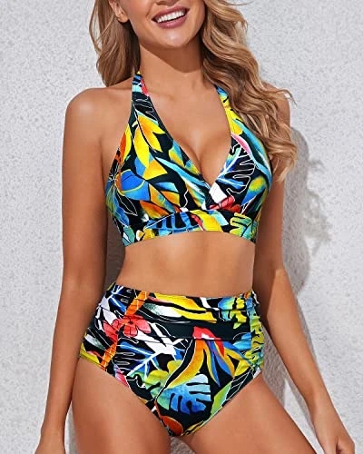 Push Up Halter Bikini Set Women's Bikini Swimsuits-Black Leaves - Image 3