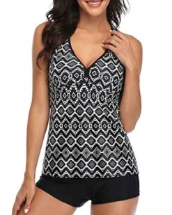 Full Coverage Swimwear Push Up Tankini And Tummy Control Bottom For Women-Black Tribal