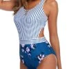Teen Girls Tummy Control Cutout Bathing Suit-Blue Floral