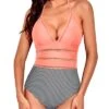 Vintage Removable Soft Bra Padded Tie Knot Back Bathing Suit-Coral Pink Stripe