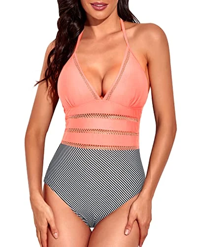 Vintage Removable Soft Bra Padded Tie Knot Back Bathing Suit-Coral Pink Stripe