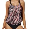 Tummy Control Blouson Two Piece Tankini Bottoms-Pink Black Stripes