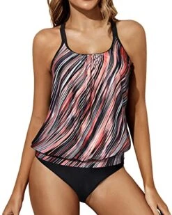 Tummy Control Blouson Two Piece Tankini Bottoms-Pink Black Stripes
