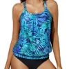 Sporty Casual Blouson Two Piece Tankini For Teen Girls-Dark Blue Green Leaves