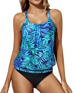 Sporty Casual Blouson Two Piece Tankini For Teen Girls-Dark Blue Green Leaves