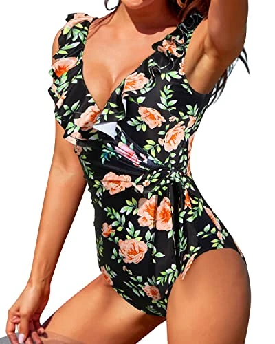Tummy Control Tie Side Wrap Slimming Ruffle V Neck One Piece Swimsuits-Black Pink Flowers - Image 3
