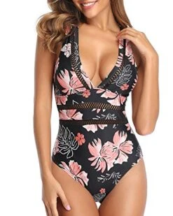 Comfy Wide Shoulder Strap Padded Long Torso Swimsuit-Black Orange Floral