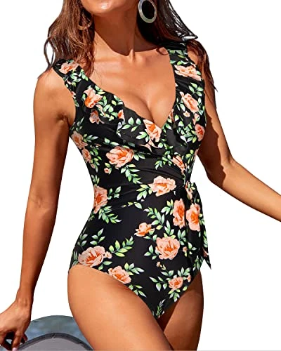 Tummy Control Tie Side Wrap Slimming Ruffle V Neck One Piece Swimsuits-Black Pink Flowers - Image 4
