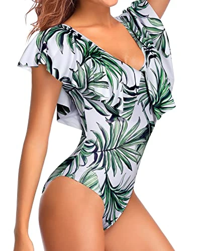 Slimming Teen Girls' Flounce Sleeve V Neck One Piece Swimsuit-Green Leaf - Image 4