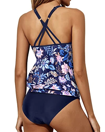 Adjustable Shoulder Straps Tankini Swimsuits-Blue Floral - Image 2