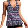 Loose Fit Tankini Top Tummy Control Boyshort Swimwear-Black Tribal