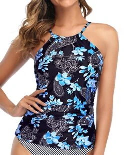Adjustable Neck Tunnel And Straps Tankini Top For Women-Blue Floral